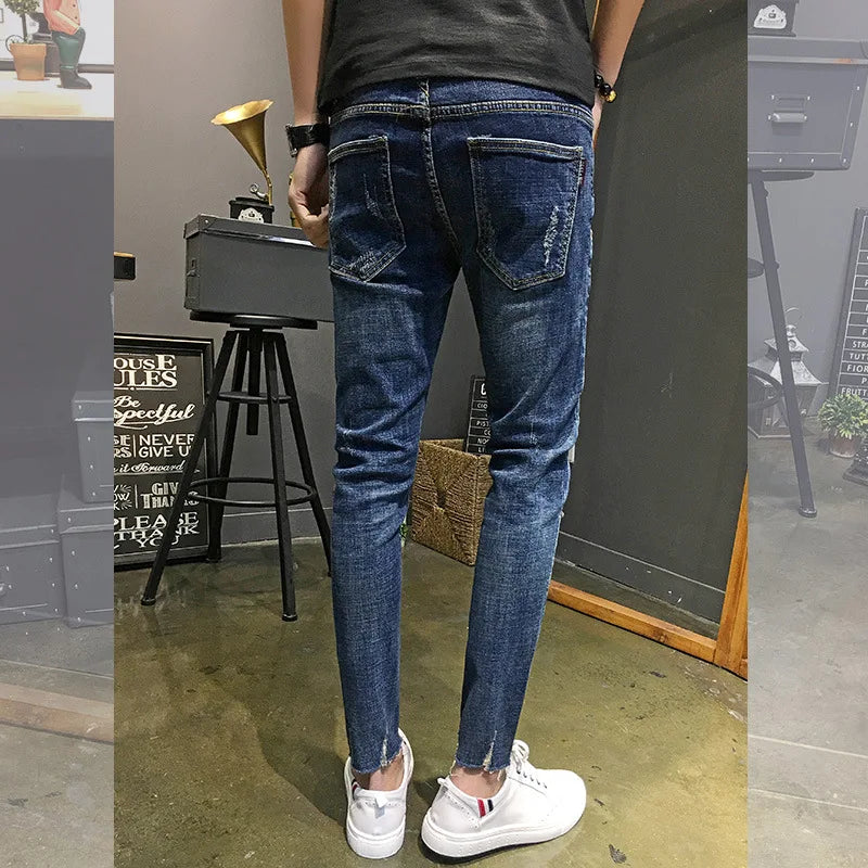 Wholesale 2022 Fashion Denim Pants Men\'s Boys Small Feet Ripped Holes Cropped Jeans Thin Men\'s Social Men Beggar Pencil Pants