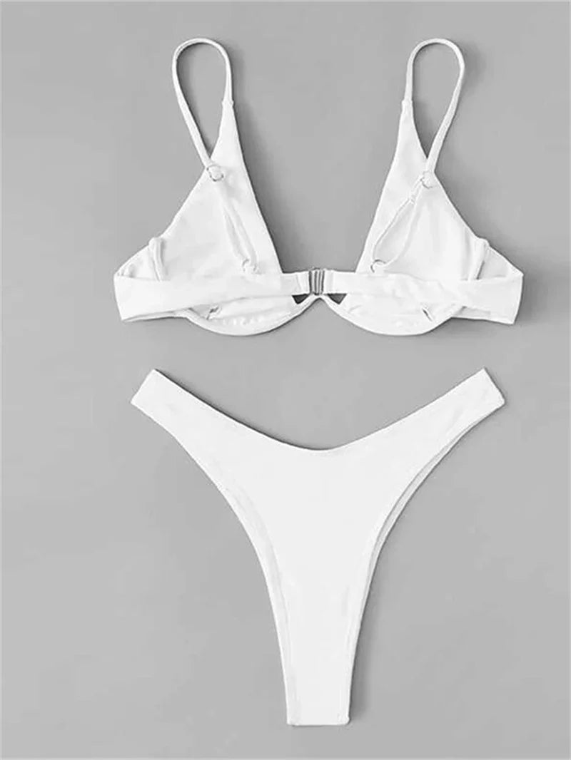Sexy Underwire Bikini Women Solid Red Push Up Bra Thong Swimsuit Haler V Neck Bathing Suit Mini Micro Thong Swimwear