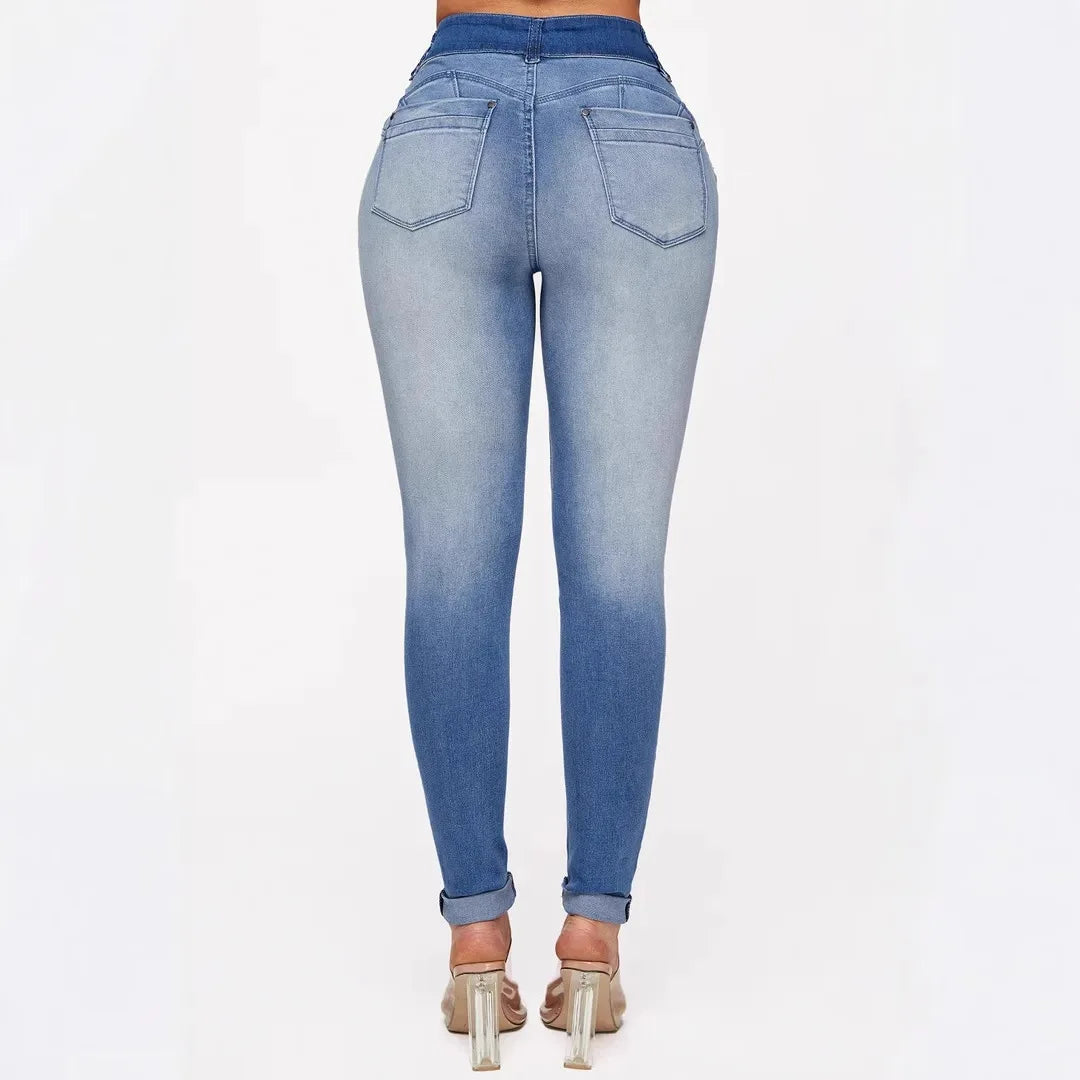 Elastic, Slimming, Hip-lifting High-waisted Jeans. Four Seasons New Fashionable Gradient Casual Ripped Skinny Jeans for Ladies