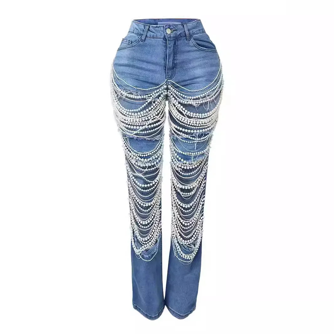 Spice Girl Summer Pants Ripped Heavy Industry Beaded Elastic Trousers Fashion Personality Jeans