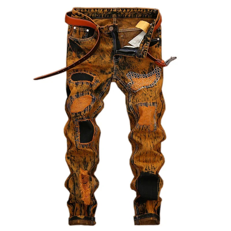 Autumn New Vintage Jeans Men's Ripped Straight Slim-fit Jeans Patchwork Personalized Distressed Hip-hop Streetwear Man Clothes