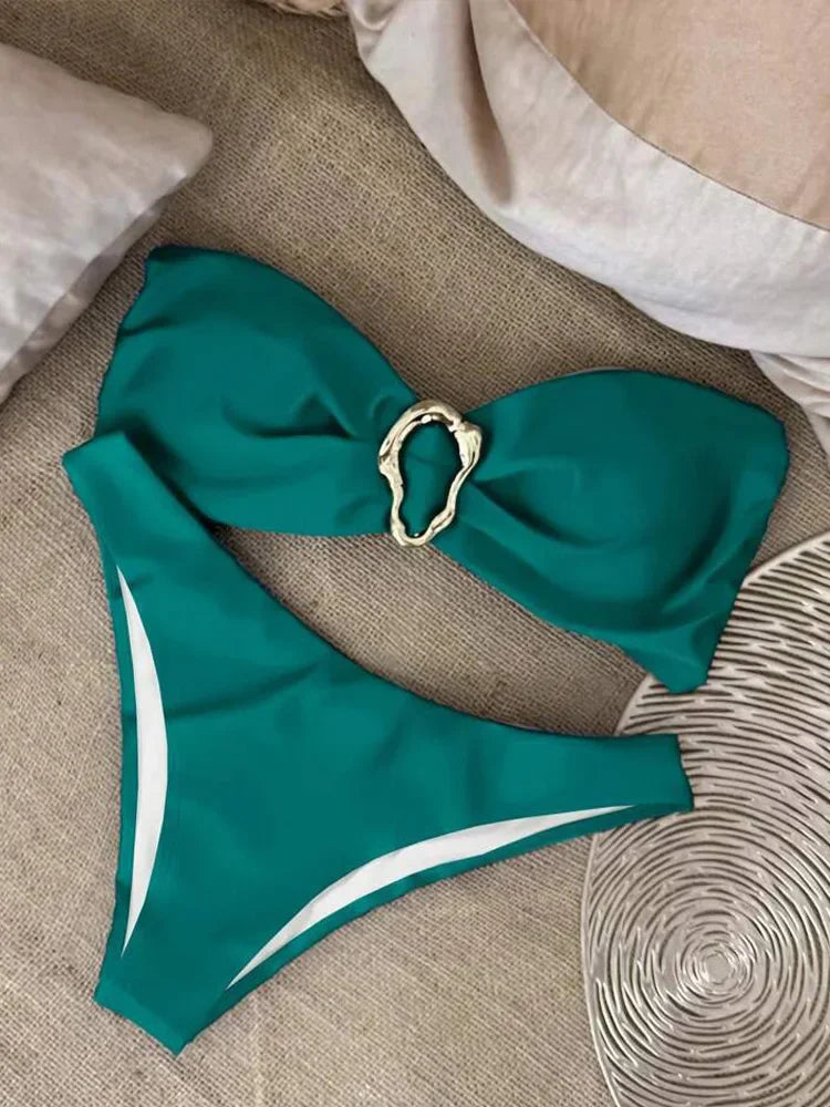 New Summer Swimwear Bikini Set Sexy Solid Strapless Bikini 2 Piece Set Women Split Swimsuit Low Waist Beach Bikini