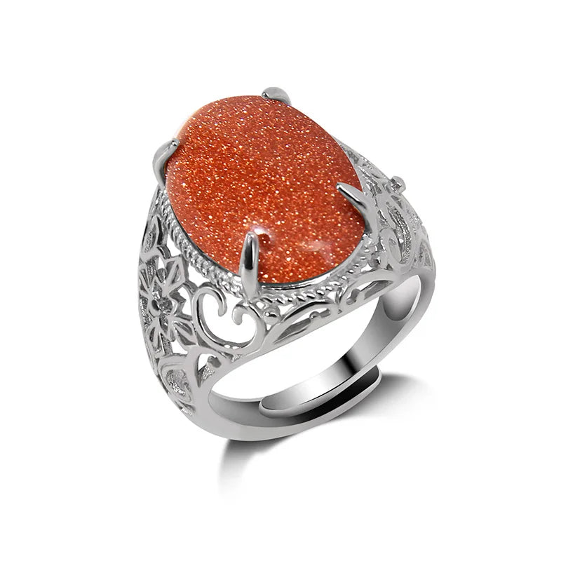 Rose Quartzs Rings Natural Stone Labradourites Beads Rings Silver Color Rings Party Wedding Anniversary Engagement Gifts Jewelry