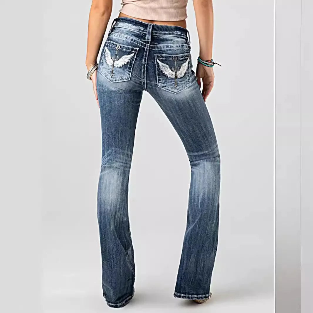 Women Embroidery Pockets Distressed Jeans Mid Waist Stretch Slim Fit Pants Vintage Denim Trousers Autumn Female Streetwear