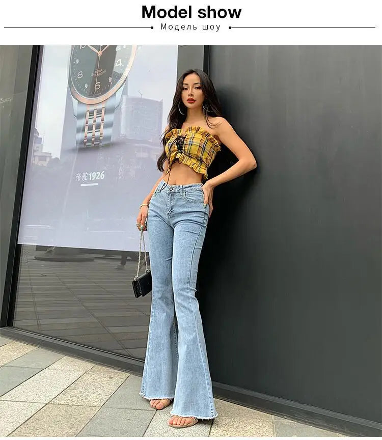 Street Trend Sexy Hip Lift Skinny Micro-flared Jeans, New Spring Slim Water Washing High-waisted Denim Long Trousers for Women