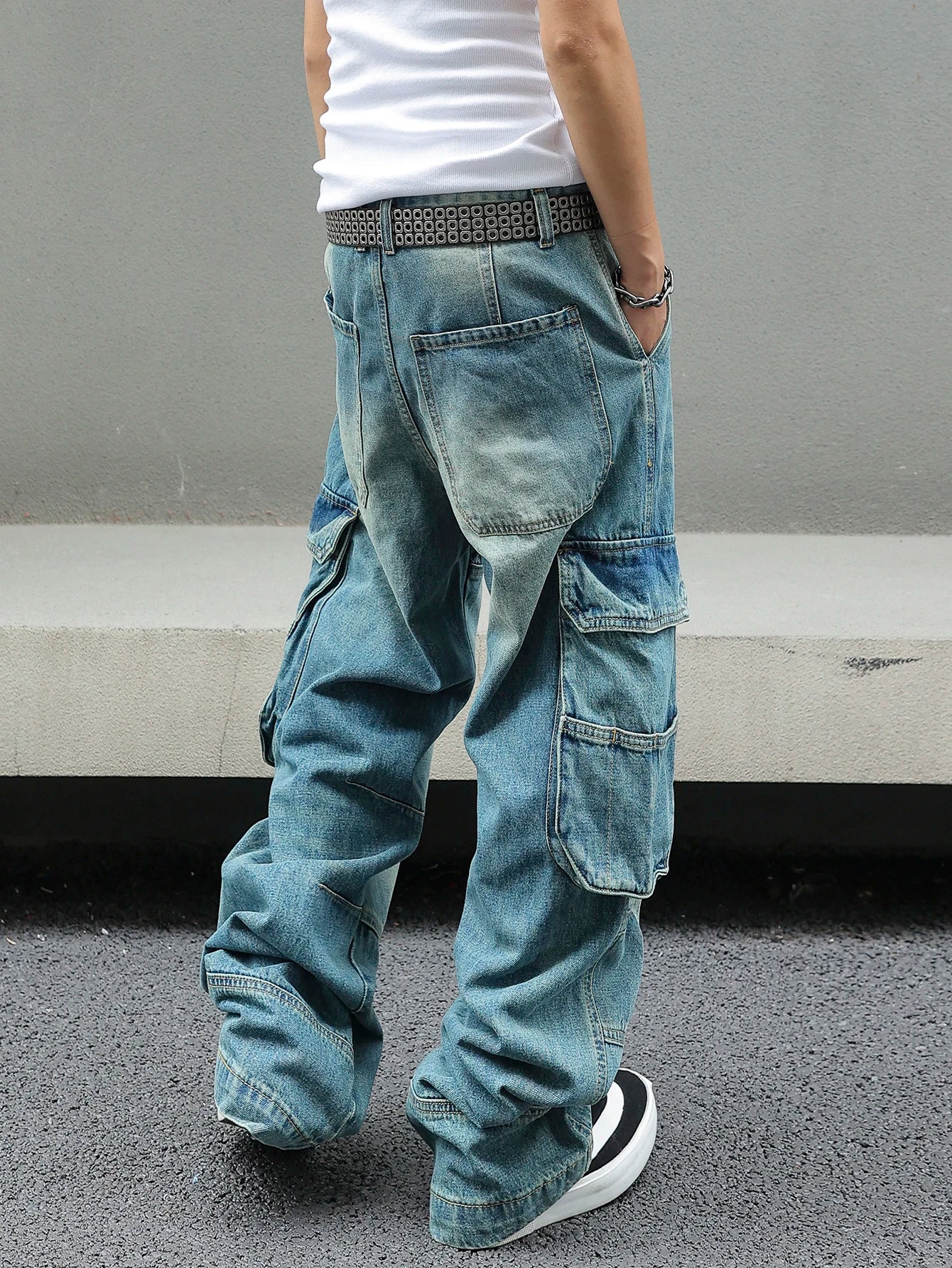Men's Baggy Denim Cargo Pants Multi-Pocket Wide-Leg Jeans Vintage Washed Loose Fit Streetwear Style