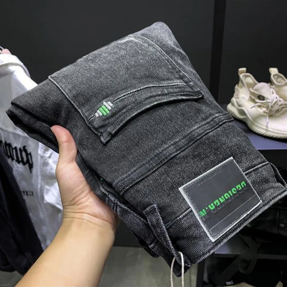 Korean Style Men's Slim Denim with Printed Foot Pattern Spring Autumn Wear Men Trousers Korean Luxury Clothing Streetwear Jeans