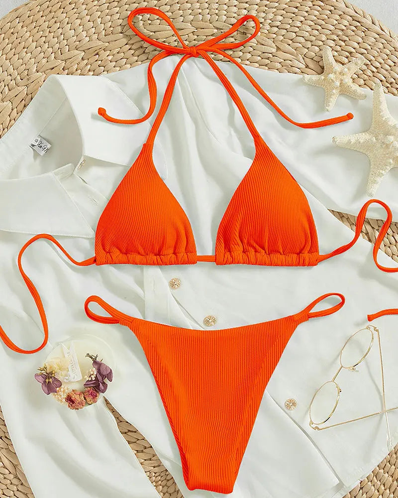 Special Pit Stripe Fabric Bikini Set Women Sexy Simple Solid Halter Bikini Swimsuit High Waisted Lace Up Beach Bathing Suit