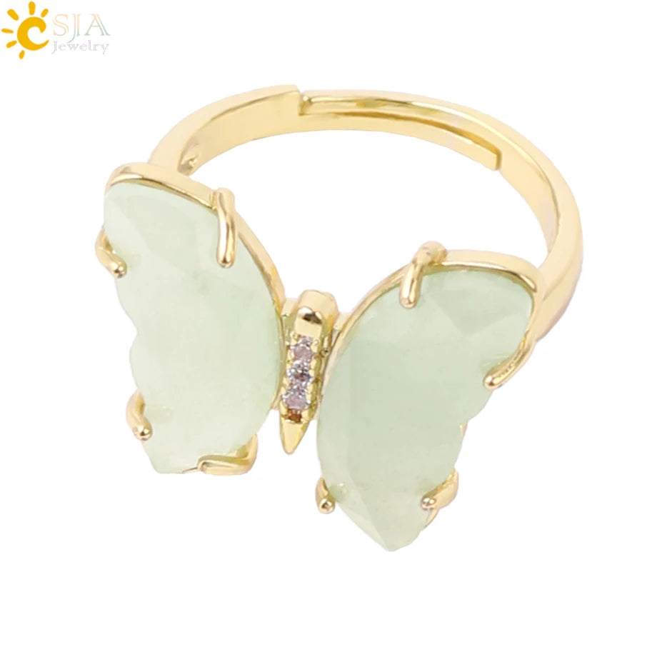 Gold Color Crystal Ring Natural Gemstone Butterfly Rings for Women Amethysts Lapis Lazui Pink Quartz Adjustable Engagement H125