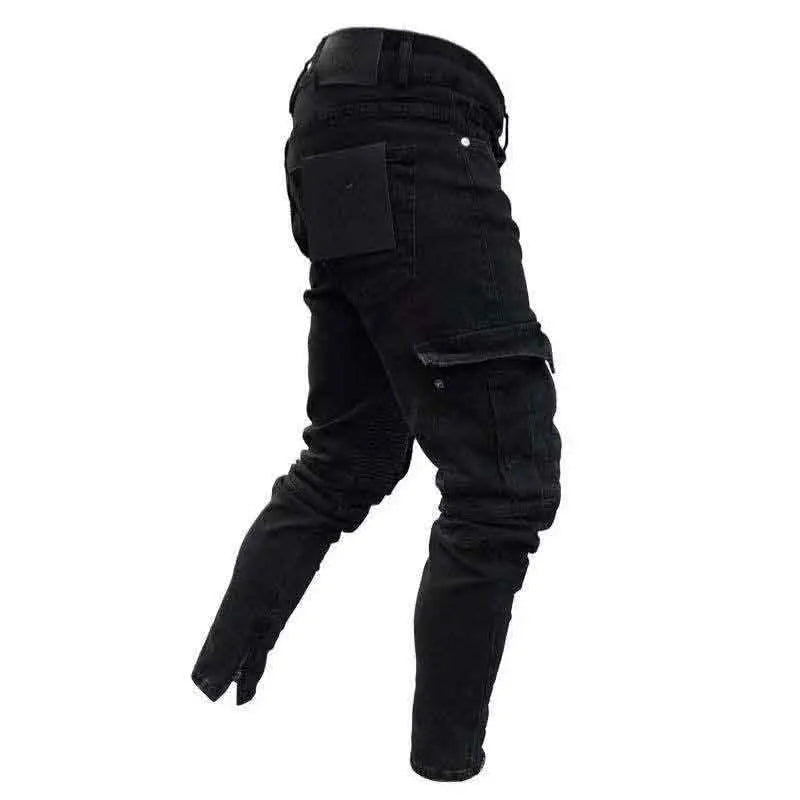 Men's Black Side Many Pockets Cargo Jeans Fashion Hole Zipper Small Foot Denim Pants Cotton Elastic Jogging Trousers Streetwear