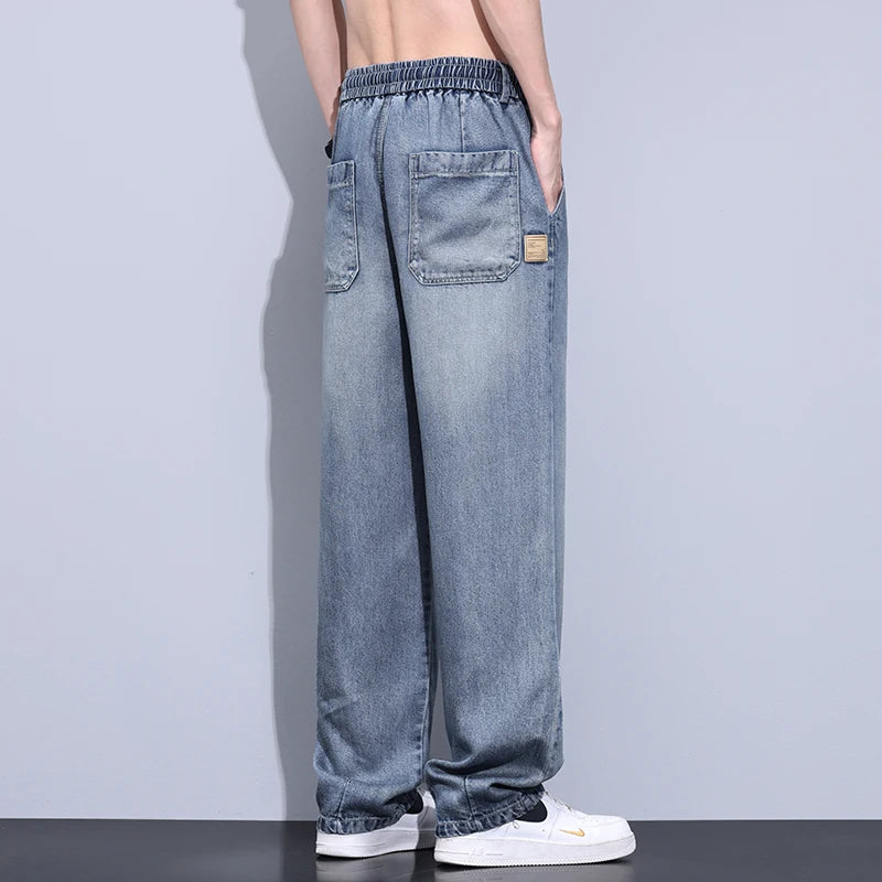 Elastic Waist Fashion Loose Jeans Men Spring Summer Thin Lyocell Classic Straight Denim Pants Casual Stretch Jogging Trousers