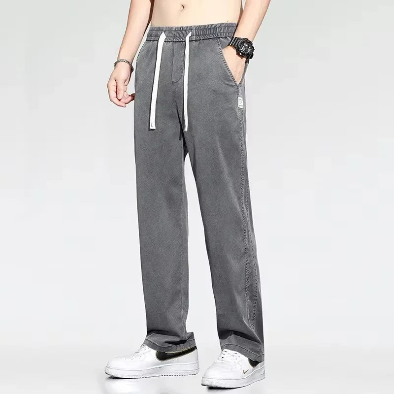 2025 New Summer Soft Lyocell Fabric Men's Jeans Thin Loose Straight Pants Drawstring Elastic Waist Korea Casual Trousers