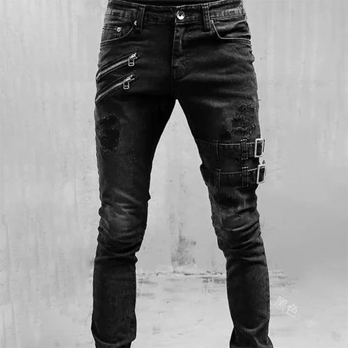 Street Skinny Ripped Jeans Men Denim Cargo Pants Wash Solid Color Casual Mid Waist Trousers Slim Daily Wear Joggers Y2K Clothing