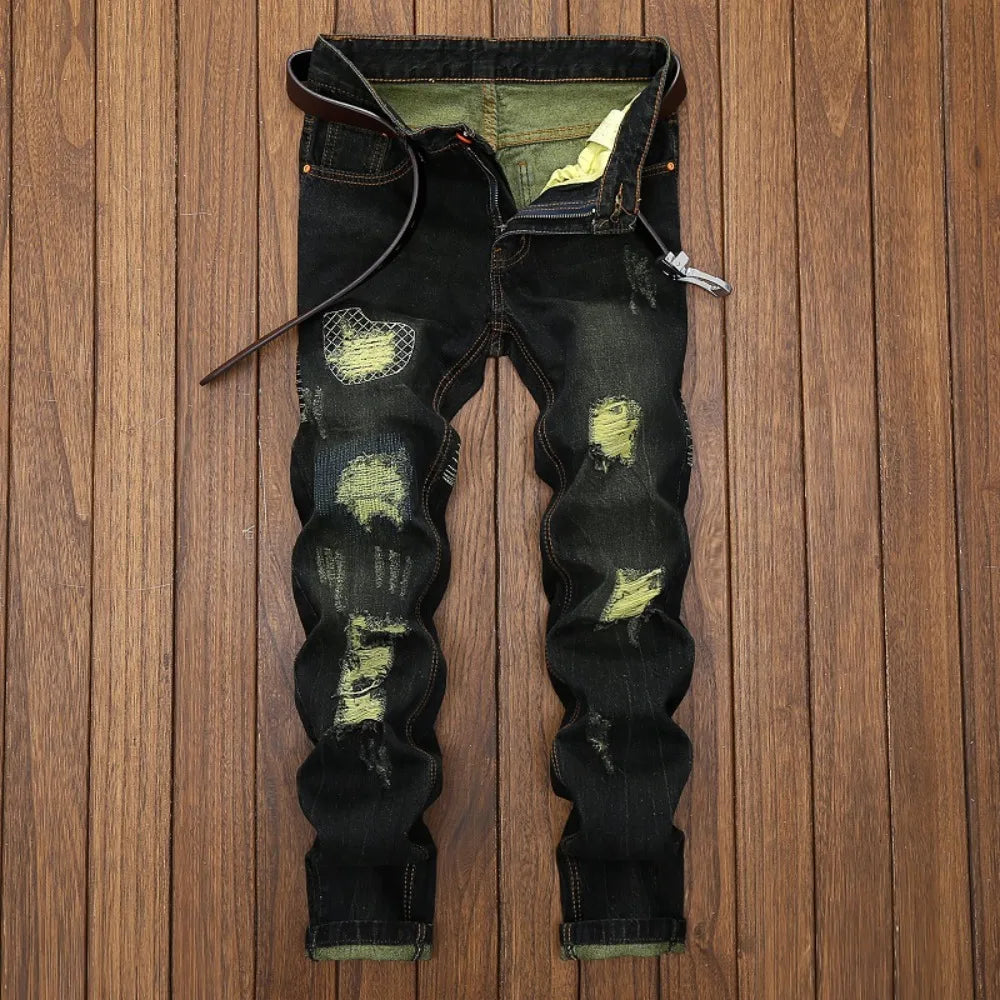 Men Jeans Long Pant Denim Pants Slim Fit Straight Trousers High Waist Solid Regular Button Pocket Splice Casual Autumn 2024