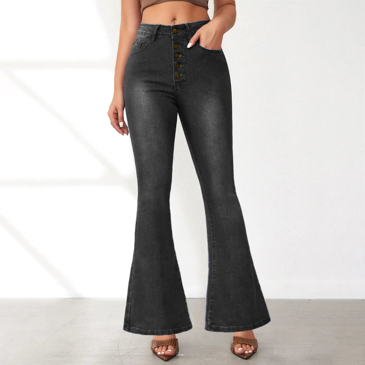 Fashionable Buckle Design Slim-fitting Micro Flared Jeans. Four Seasons New Simple Comfortable Elastic High-waisted Jeans Women
