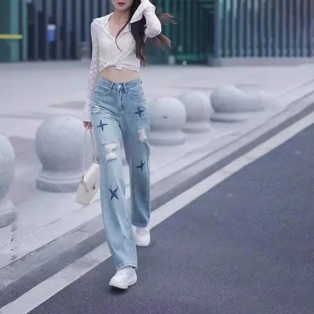 With Holes Trousers Embroidered Cowboy Pants for Woman Straight Leg High Waist Shot Women's Torn Jeans Cheap Japanese Y2k Summer