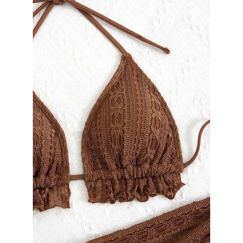 Sexy Bikini Set Bathing Suit Women Triangle Spliced Ruffles Halter Bikini Push Up Bandage Cover Up Beachwear 3 Piece Swimsuit
