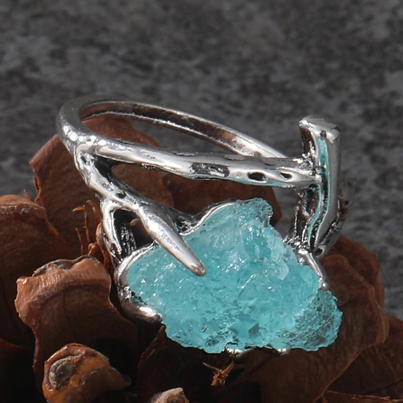 Retro Handmade Silver Plated Crystal Geometry Rings for Female Blue Stone Ring Bohemian Charm Women Wedding Engagement Jewelry