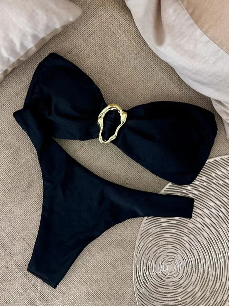 New Summer Swimwear Bikini Set Sexy Solid Strapless Bikini 2 Piece Set Women Split Swimsuit Low Waist Beach Bikini