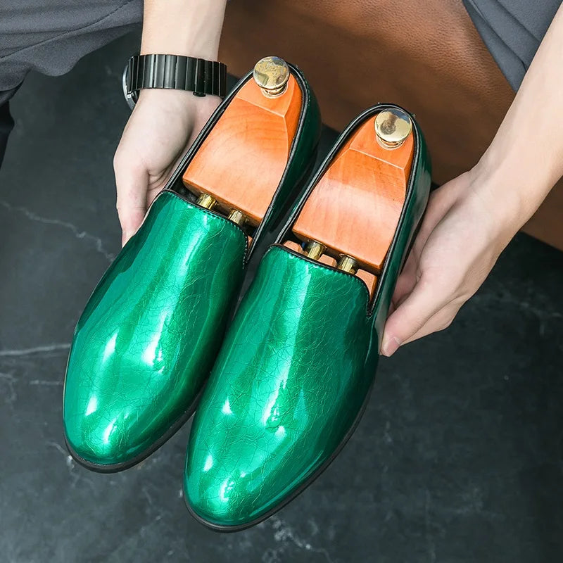 Luxury Designer Men's Pointed Candy Color Shiny Patent Leather Flats Shoes Male Wedding Casual Loafers Formal Dress Footwear