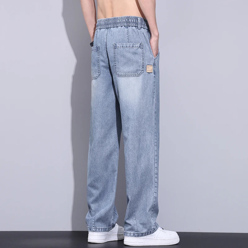 Elastic Waist Fashion Loose Jeans Men Spring Summer Thin Lyocell Classic Straight Denim Pants Casual Stretch Jogging Trousers