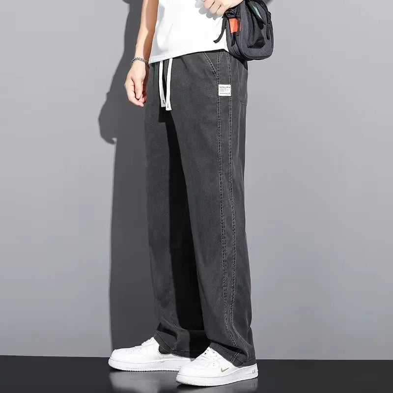 2025 New Summer Soft Lyocell Fabric Men's Jeans Thin Loose Straight Pants Drawstring Elastic Waist Korea Casual Trousers