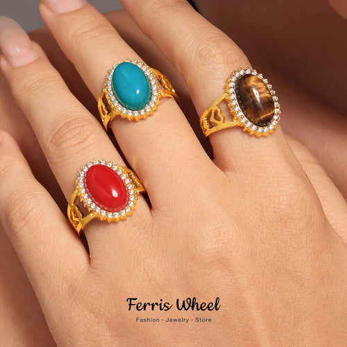 Oval Blue Red Stone Ziron Stainless Steel Rings For Women Gold Plated Waterproof Adjustable Ring Charm Luxury Jewelry
