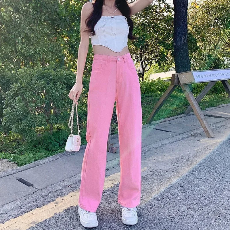 Loose Wide Leg Jeans Women's New Style Pink High Waist Slimming Floor Length Vibe Wind Summer Jeans Casual Comfortable Fit