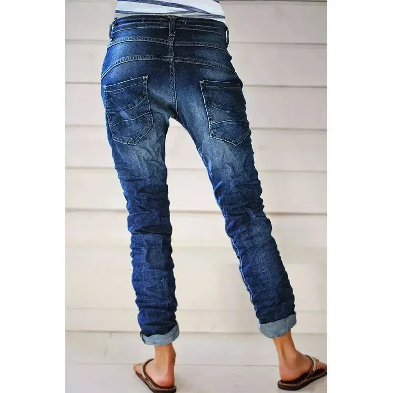 Jeans Denim Pants Capris 2025 Women Vintage Elastic Waist Long Flare Pants High Waist Slim Work Summer Blue Elegant Jeans Capris