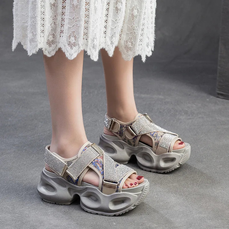 GKTINOO Microfiber Leather Summer Bling Mixed Color Fsahion Peep Toe Hollow Platform Wedges Chunky Sneakers Women Comfy Shoes