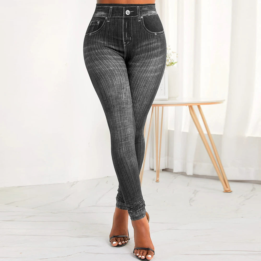 M XXL Faux Denim Leggings Women Clothing Summer High Waist Jeans Oversized Basics Pants Female Casual Slim Trousers