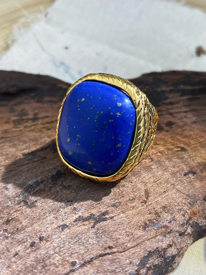 Vintage Geometric Metal Square Natural Stone Ring For Women Exaggerated Trendy Finger Jewelry Party Accessories