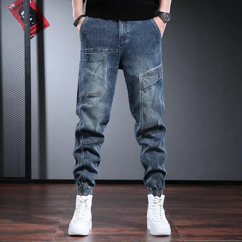 Korean Retro Workwear Jeans Men's Autumn Thin Casual Wear-Resistant Straight Leg Pants With Multiple Pockets Long Pants