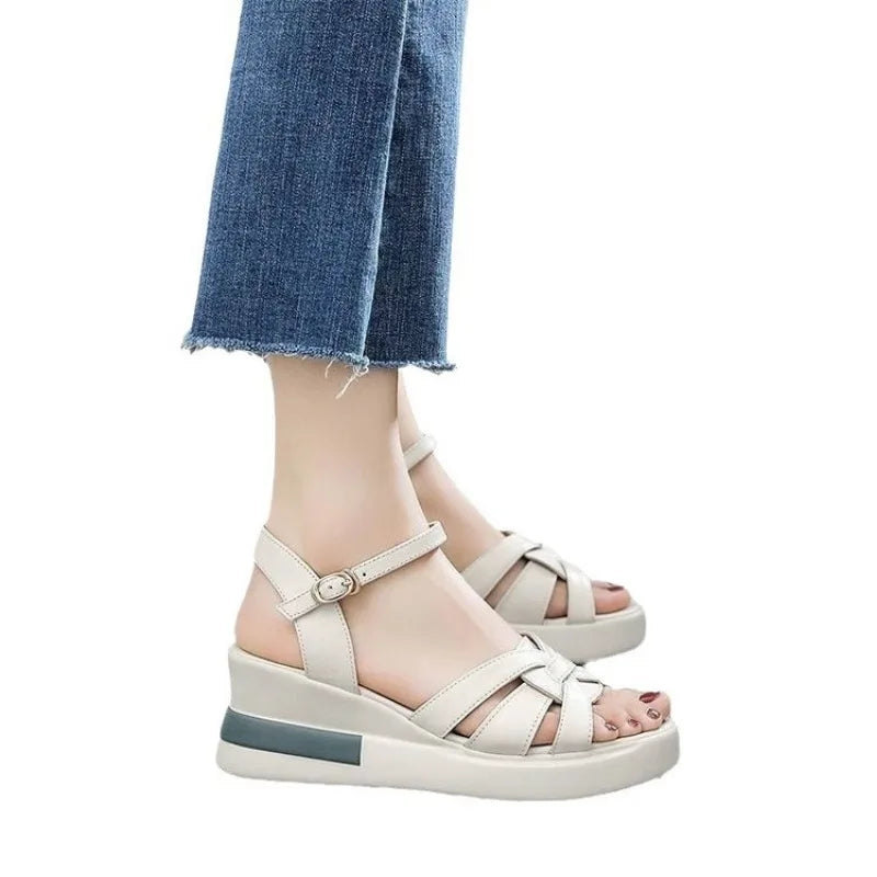 Summer NewWomen's Sandals Casual Retro Hollow Button Sandals Women's Open-toe Sandals Fashion Comfortable Slope Heel Sandal
