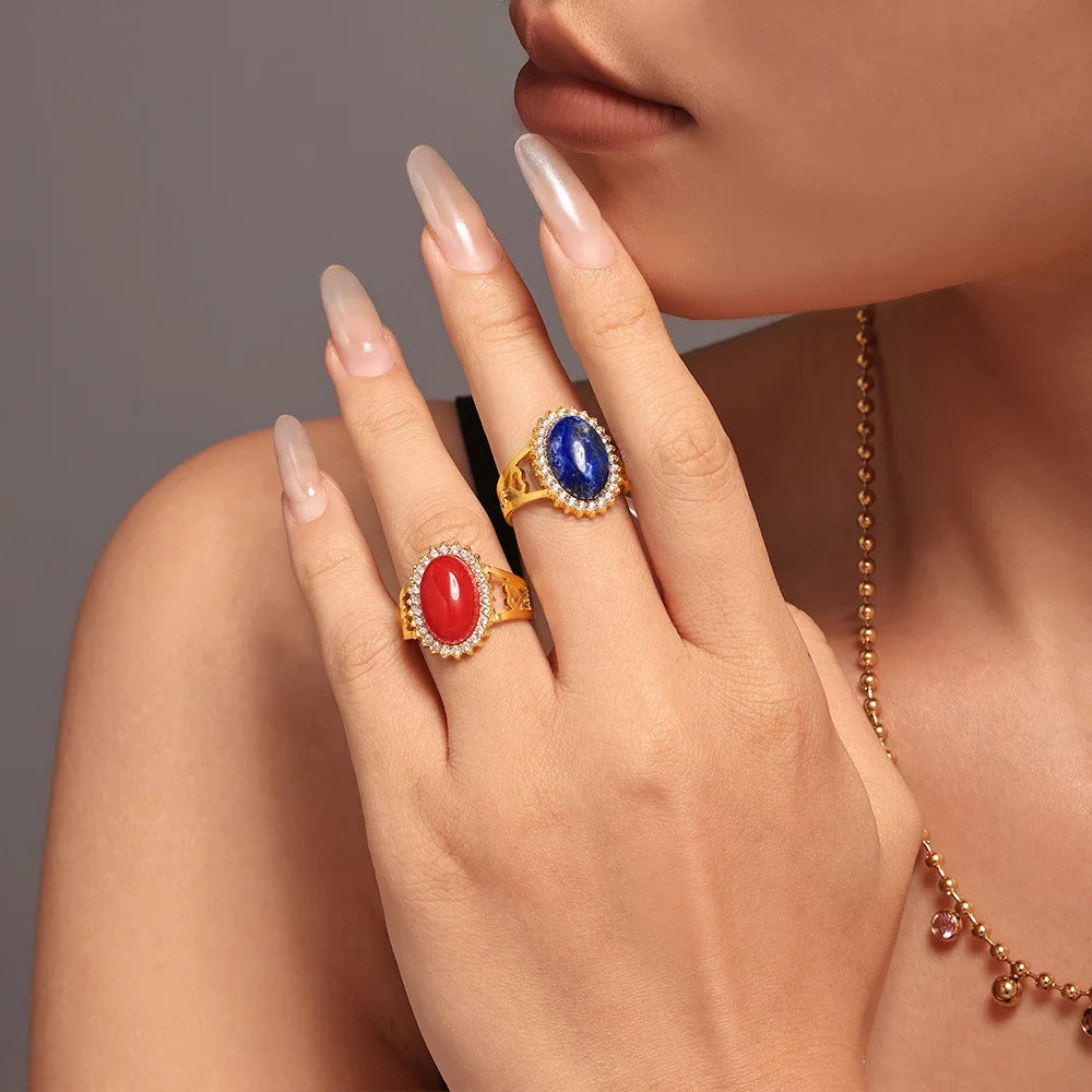 Oval Blue Red Stone Ziron Stainless Steel Rings For Women Gold Plated Waterproof Adjustable Ring Charm Luxury Jewelry