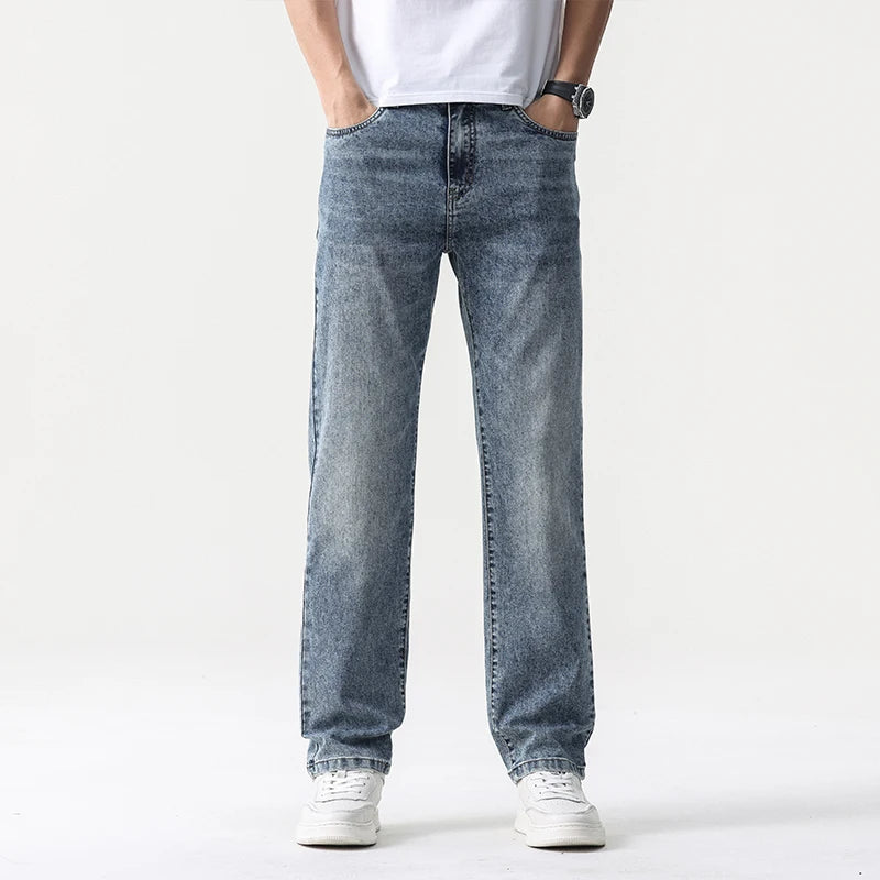 2025 high quality Jeans Men Baggy Pants Summer Straight Cut Loose Retro Blue Denim Pants Streetwear Fashion Pockets Vintage Man