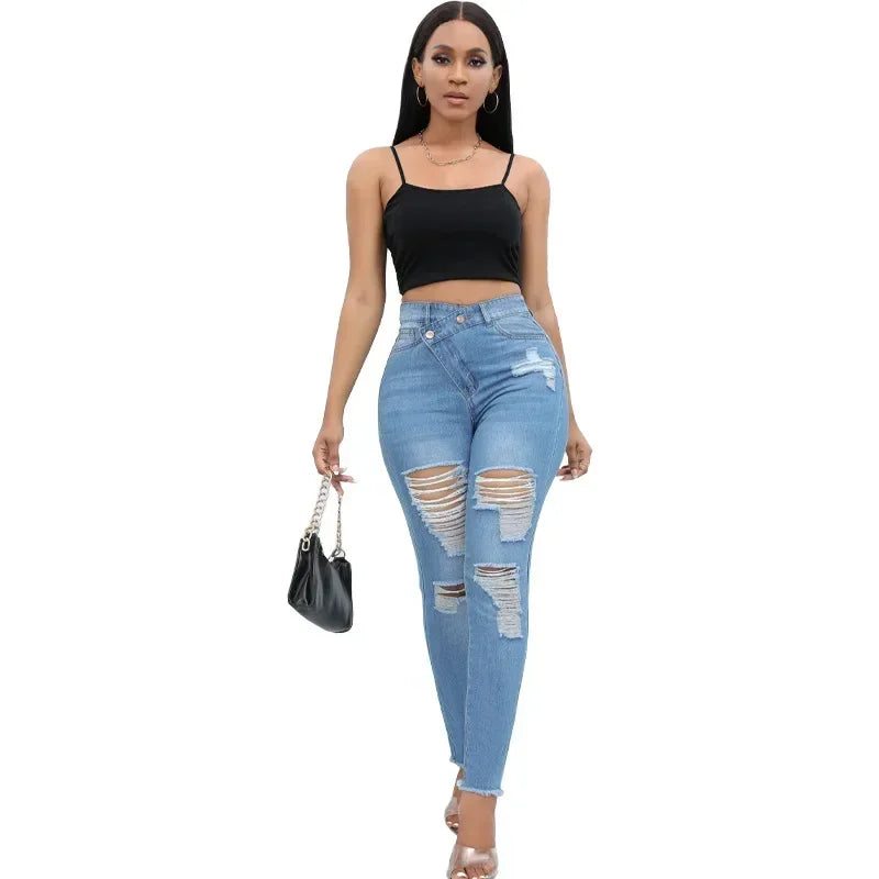 Women Jeans Denim pant High Waist Pencil Pants Holes Slim Fit Pockets Sexy Streetwear Solid Sheath Distressed Ankle Length 2025
