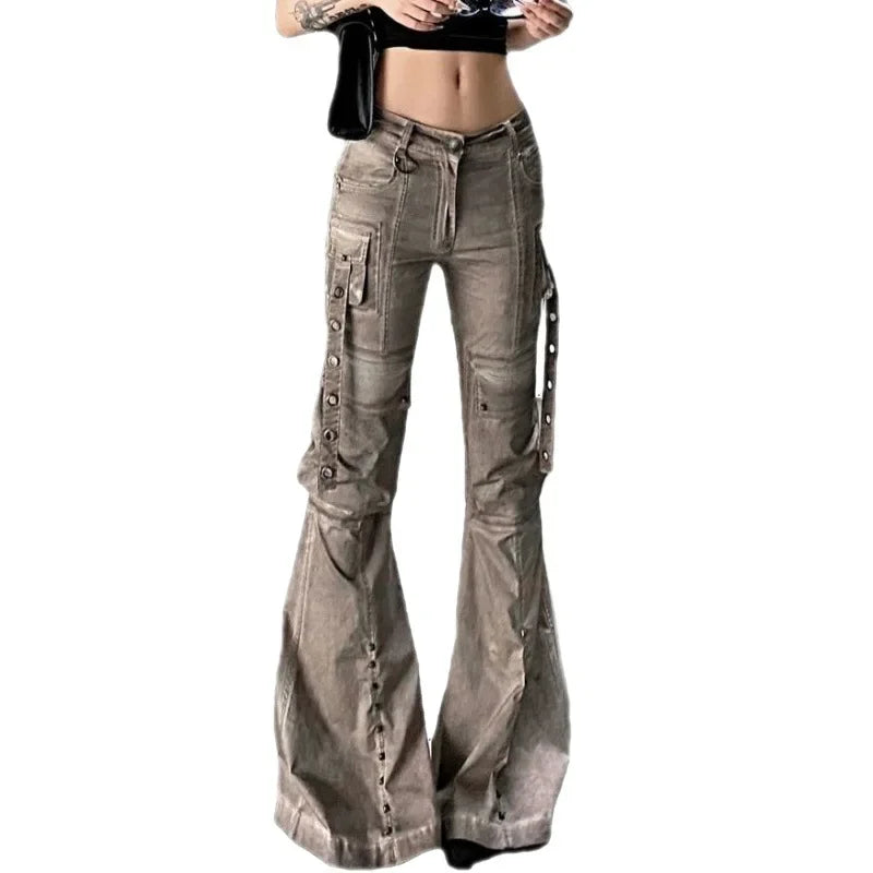 American Style Brown Workwear Jeans Women's Streetwear Slim Fit Micro Flared Slimming Pocket Trousers For Women