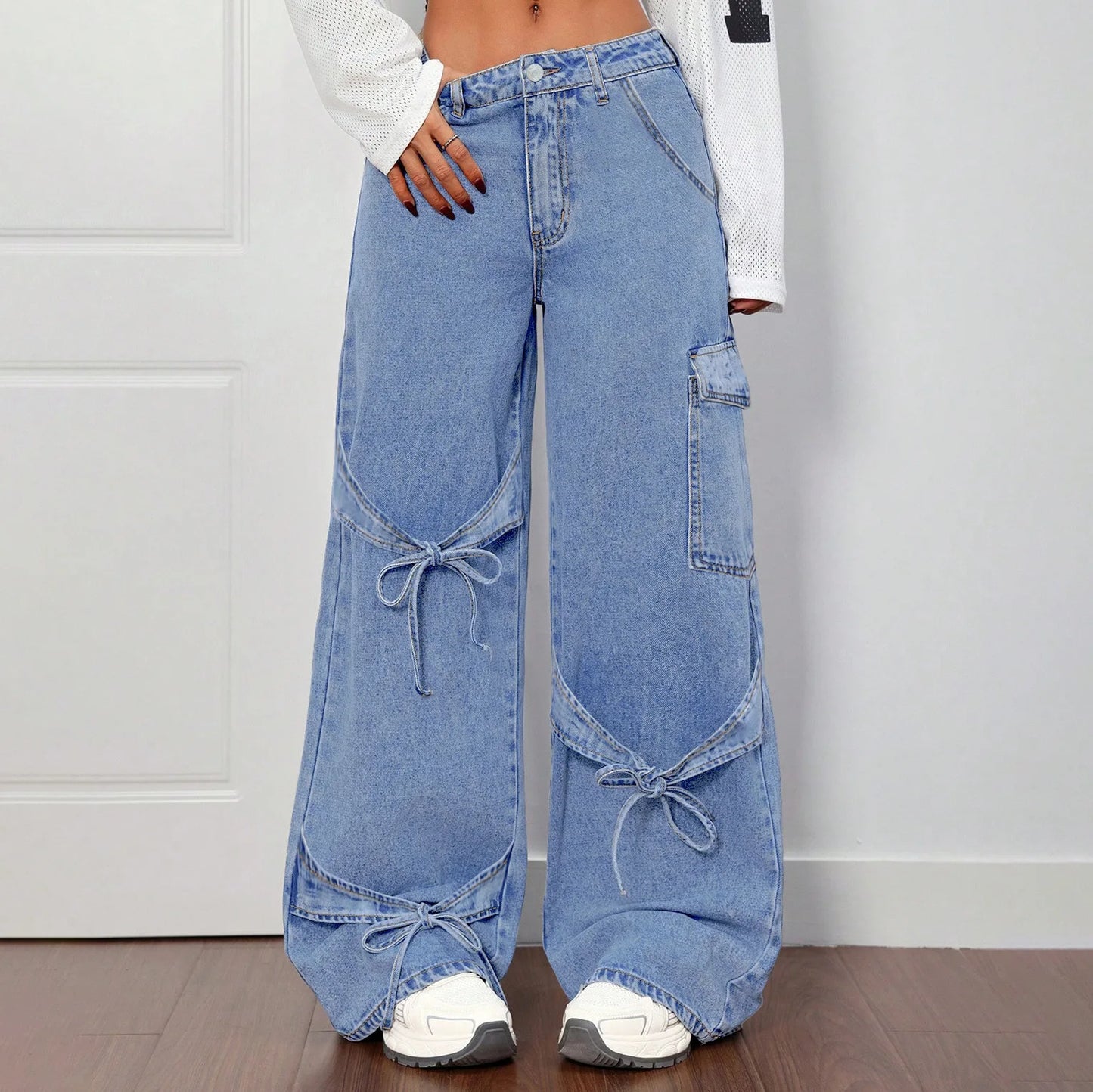 Fashionable lace-up straight-leg jeans. Women's four seasons new Design sense casual loose high-waisted workwear wide-leg jeans
