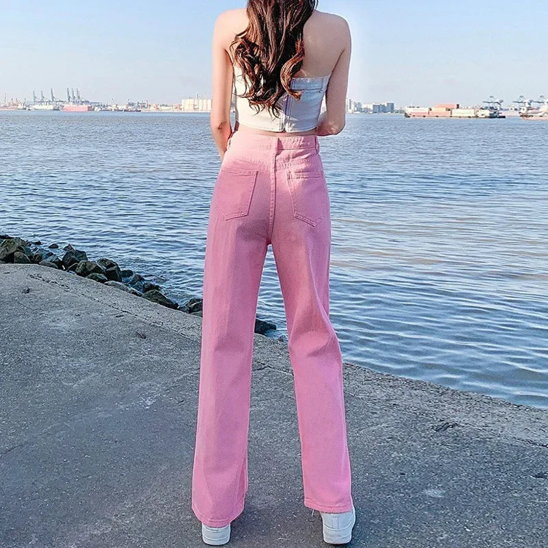 Loose Wide Leg Jeans Women's New Style Pink High Waist Slimming Floor Length Vibe Wind Summer Jeans Casual Comfortable Fit