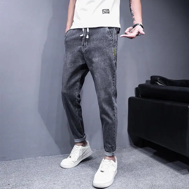 Elastic Lace Up Denim Jeans Men's Trend Versatile Pants 2022 Students Teenagers Men's Japanese Harem Leg 2022 Men's Cargo Pants