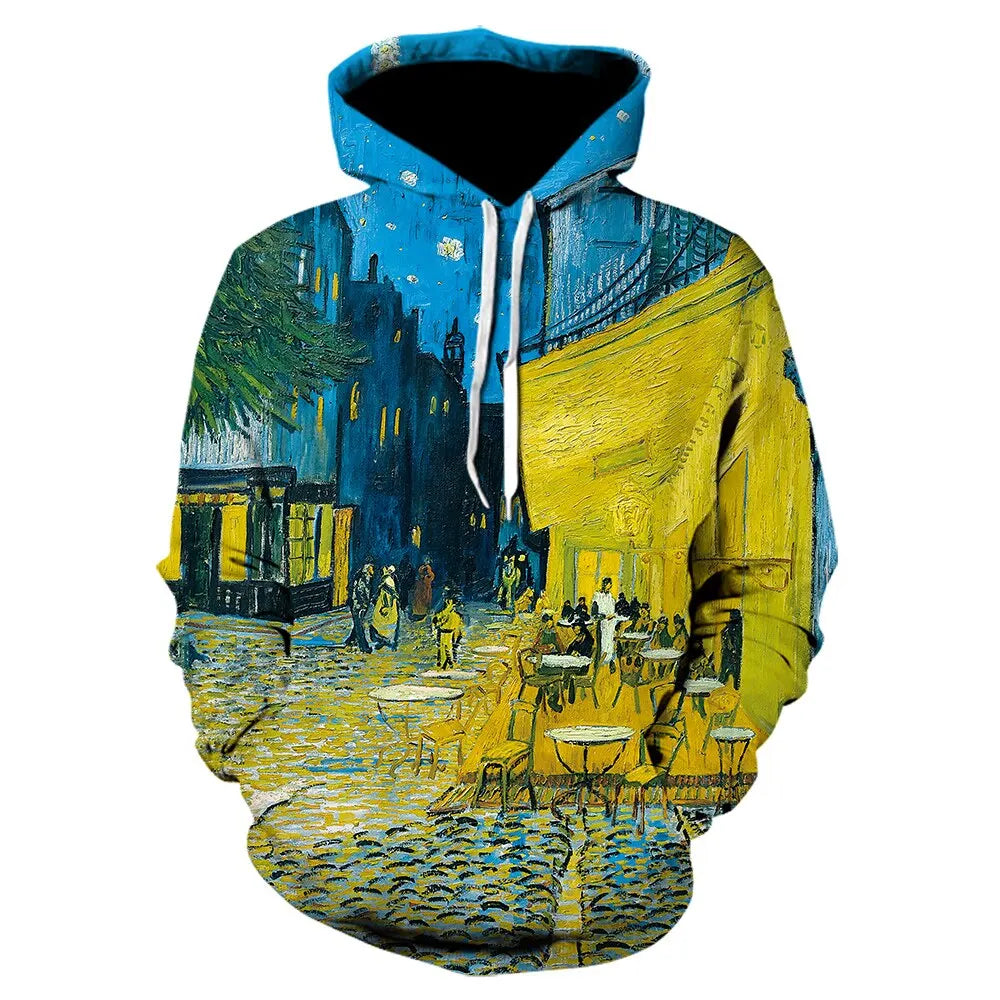 2023 NEW Harajuku Van Gogh Oil Painting Starry Night 3D Print Hoodie Women/Men Fashion Hip-hop Pop Sweatshirt Mens Hoodies