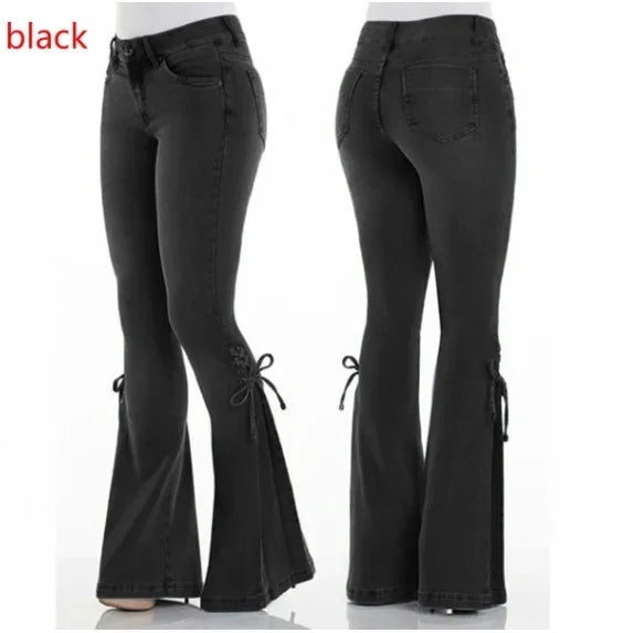 Full Length Flare Pants Women Jean Washed Denim Pants Zipper Fly Loose Fit Pockets High Waist Basics Lace Up Vintage Solid