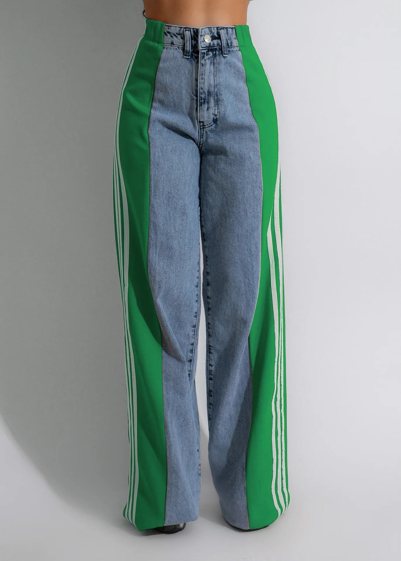 Sideseam Striped Wide Leg Jeans Women High Waist Stretch Denim Pants Patchwork Colorblock Straight Trouser