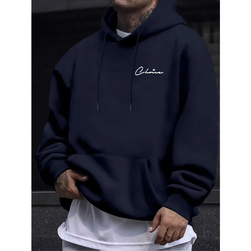 2025 New Simple Printed Men's Casual Hoodie Comfortable Hoodie with Kangaroo Pocket Loose Casual Four Seasons Street Hoodie