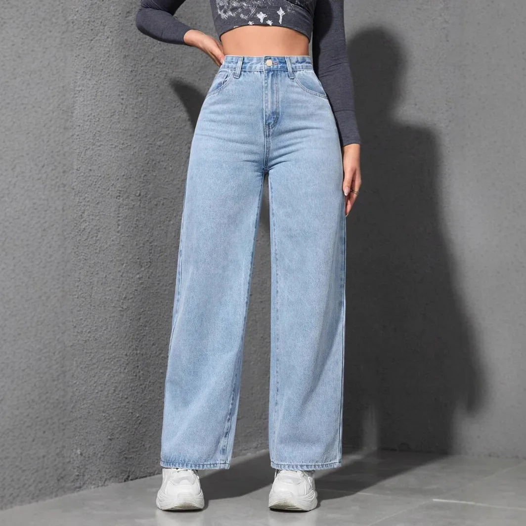 Denim Wide Leg Pants Women Streetwear Jeans Washed Distressed High Waist Straight Trousers Female Vintage Basics Floor Length