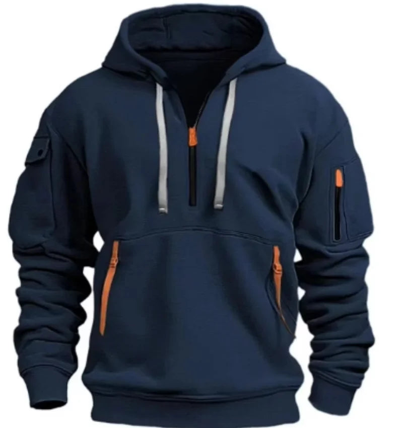 New autumn and winter high-value hoodie with warm and unique solid color pockets, men's hooded zipper sports casual top