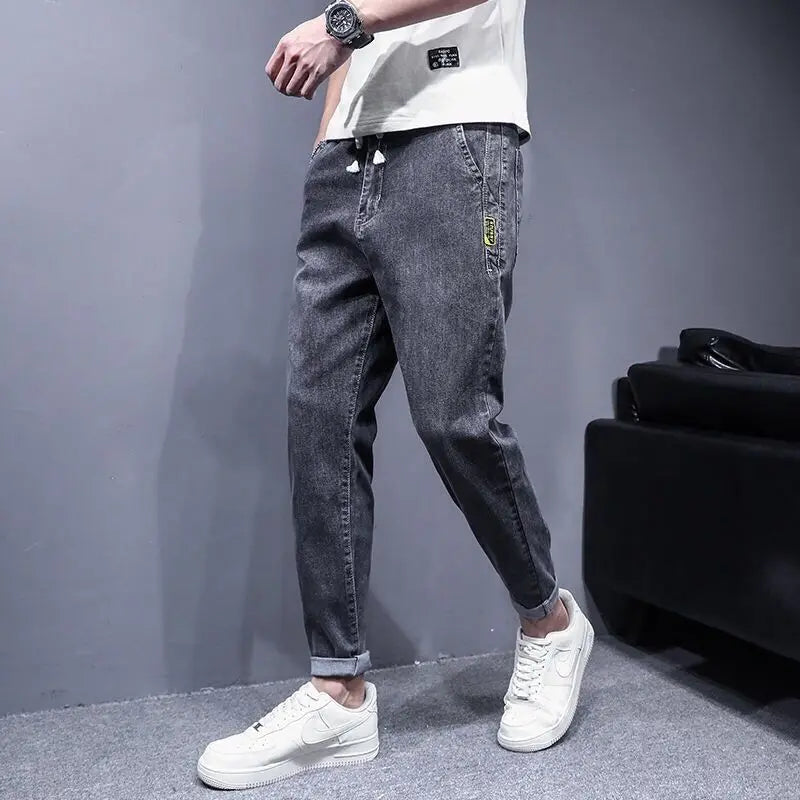 Elastic Lace Up Denim Jeans Men's Trend Versatile Pants 2022 Students Teenagers Men's Japanese Harem Leg 2022 Men's Cargo Pants
