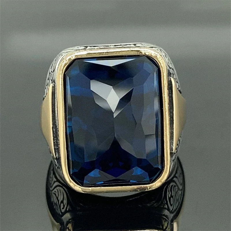 Delicate Square Geometry Grave Gold Silver Color Blue Stone Rings for Men Party Jewelry Gift