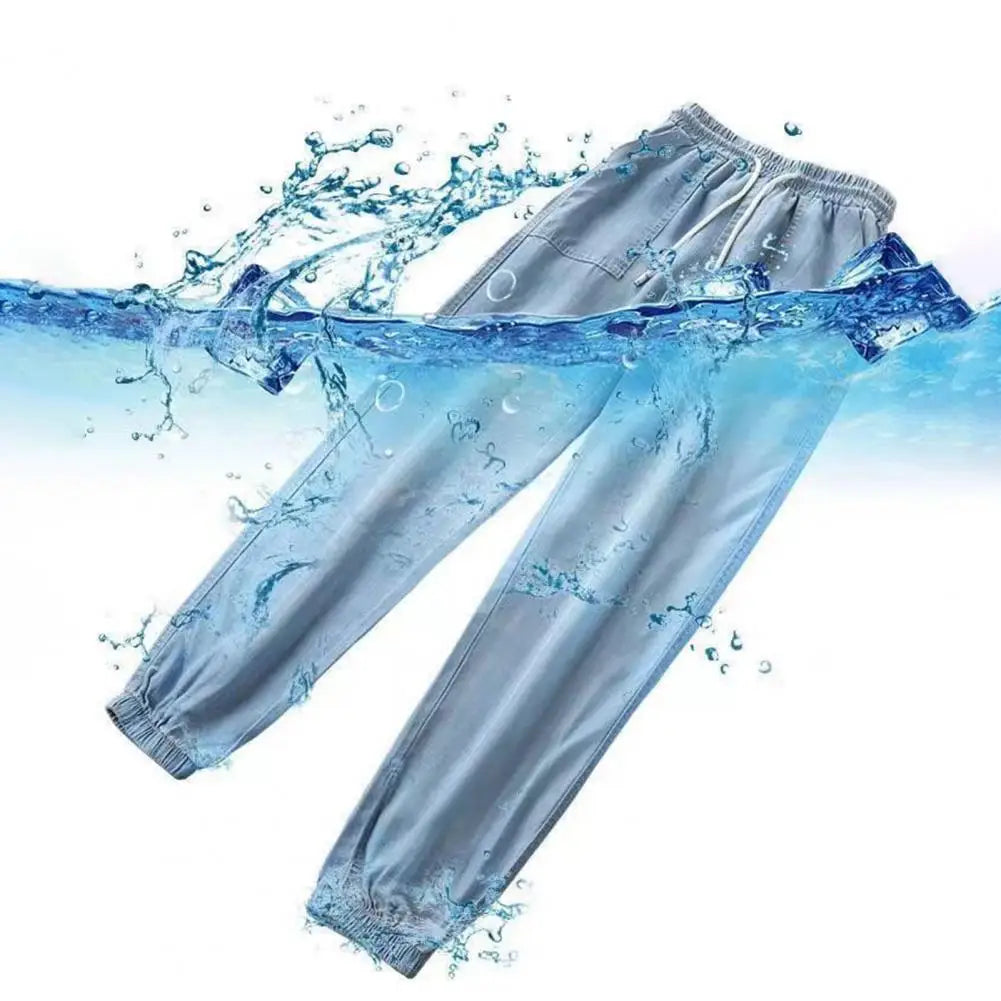Summer Thin Ice Silk Jeans Women Elastic High Waist Drawstring Harem Pants Loose All-matched Beam Leg Nine Points Denim Pants